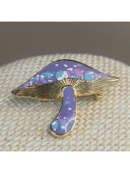 Jewelry - Enamel Mushroom Brooch Purple & Gold-Tone Speckled Whimsical Nature-Inspired Pi